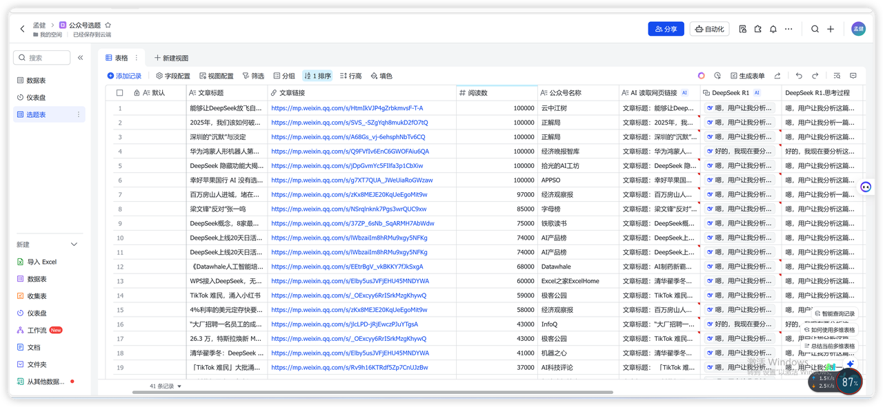 全流程详解：用影刀+飞书+DeepSeek 打造高效公众号选题表​