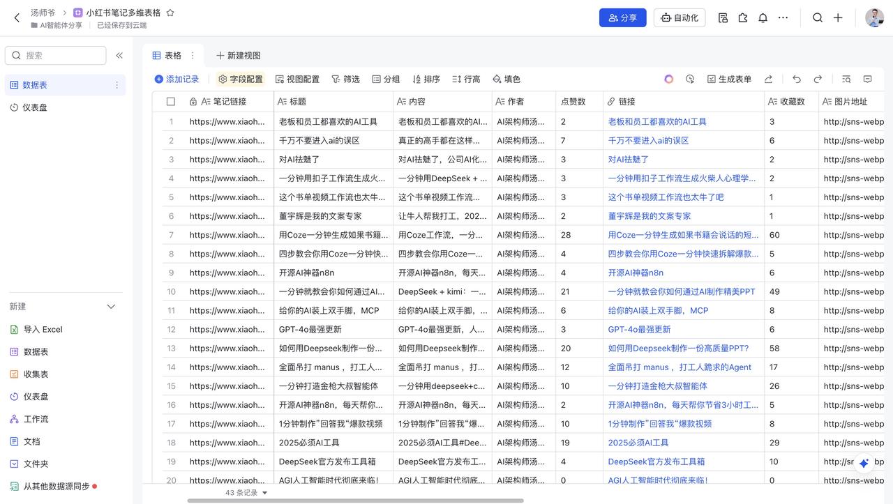 DeepSeek+Coze实战：一键批量抓取小红书博主所有笔记，写入飞书表格！ ​